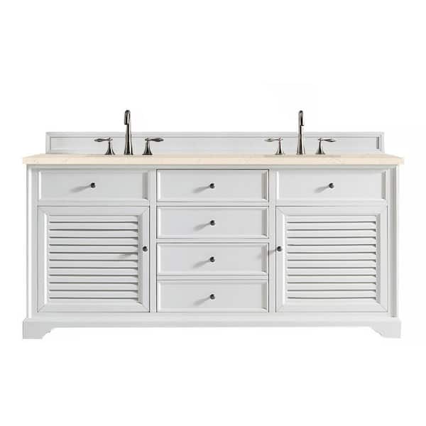 James Martin Vanities Savannah 72 in. W x 23.5 in. D x 34.3 in. H Double Bath Vanity in Bright White with Eternal Marfil Quartz Top