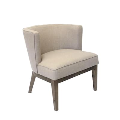 Designer Guest Chair Beige Linen Fabric Driftwood Wood Comfort Cushions