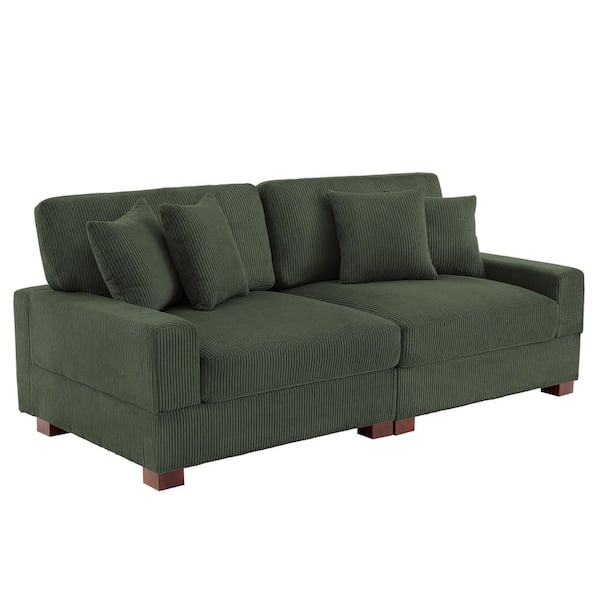 83 in. Square Arm Green Corduroy Fabric Upholstered Sectional 2-Seats Sofa with Four Pillows