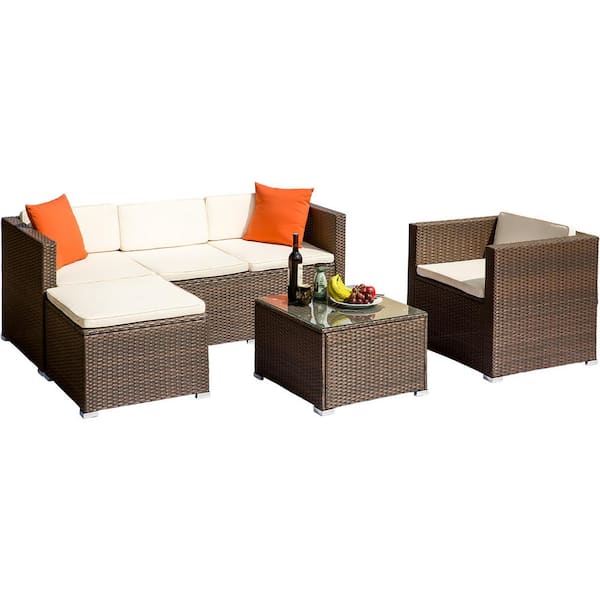 CASAINC 4-Piece Brown Wicker Outdoor Conversation Sectional with White Cushions