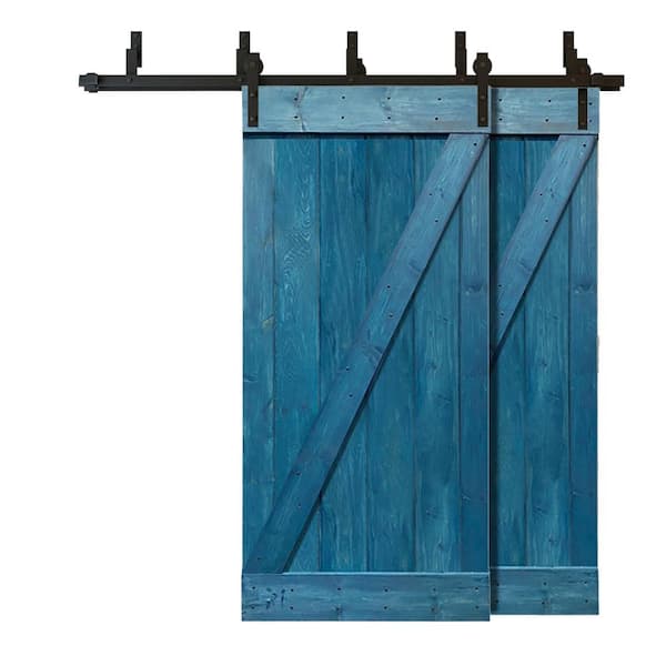 CALHOME 76 in. x 84 in. Z Bar Bypass Ocean Blue Stained Solid Pine Wood Interior Double Sliding Barn Door with Hardware Kit