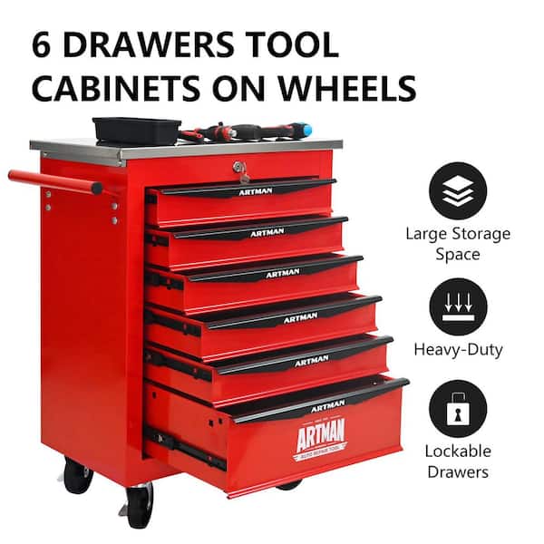 13.6 in. W 6-Drawer Rolling Metal Black and Red Tool Carts with Stainless Steel Roof and Steel Tool Storage Box