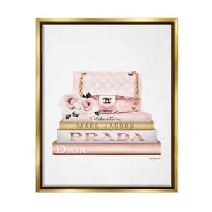 Pink Purse Gold Bookstack Glam Watercolor Design by Amanda Greenwood Floater Frame Nature Wall Art Print 21 in. x 17 in.