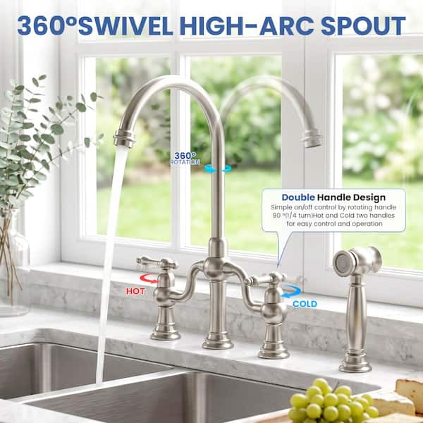 ALEASHA 4-Hole Double Handle High Arc Brass Bridge Kitchen Faucet