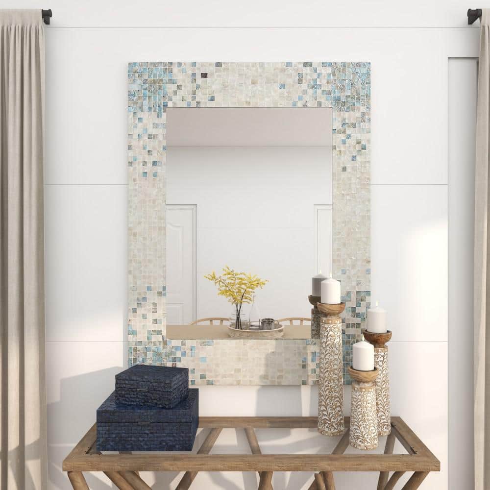 Coastal Cream Rectangular Wall Mirror with Blue Mosaic Corners