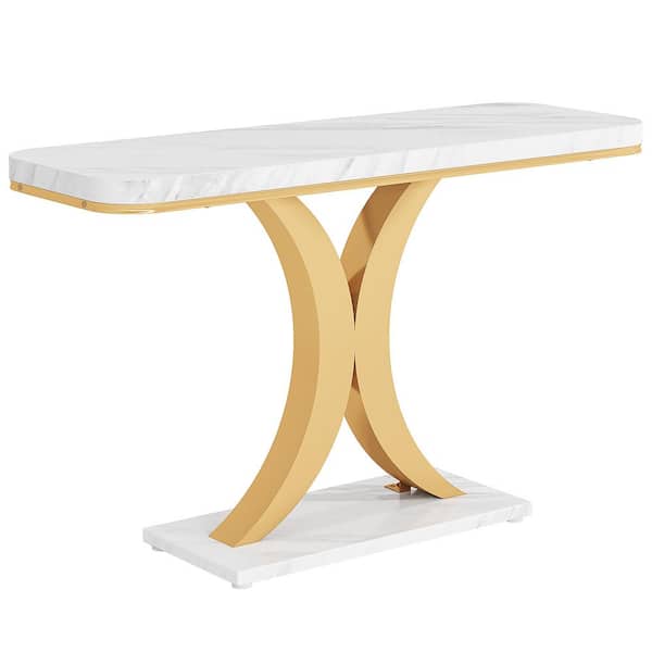 BYBLIGHT 39.4 in. Faux Marble White Rectangle Engineered Wood Console Table for Entryway with Gold Base