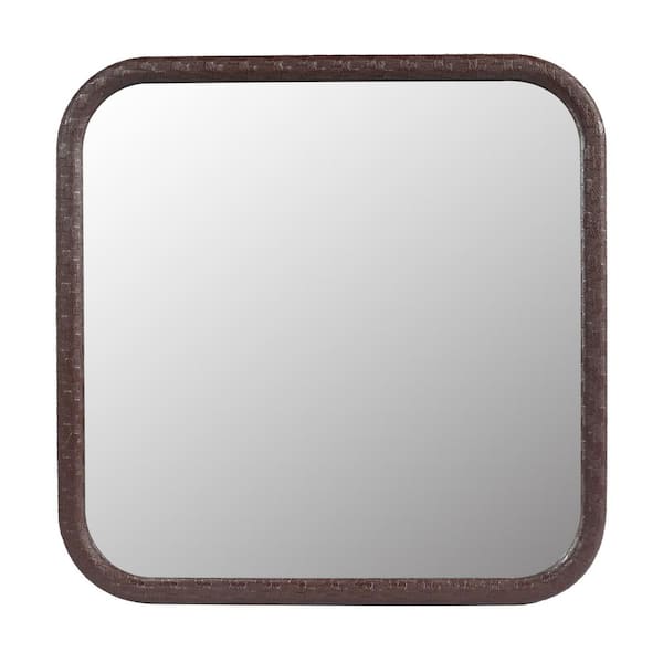 FAMYYT 23.6 in. W x 23.6 in. H Small Square PU Covered MDF Framed Wall Bathroom Vanity Mirror in Copper Brown