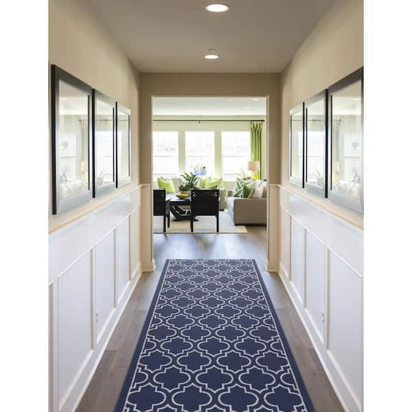 Trellis Navy 2 ft. 2 in. W x Your Choice Length Roll Runner