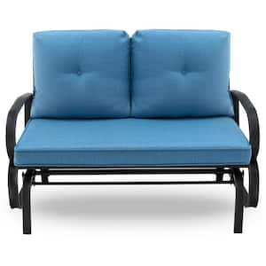 2-Person Metal Outdoor Glider Bench Rocking Loveseat Armrest with Blue Cushions