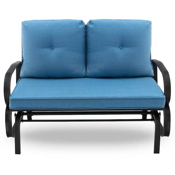 Costway 2-Person Metal Outdoor Glider Bench Rocking Loveseat Armrest with Blue Cushions