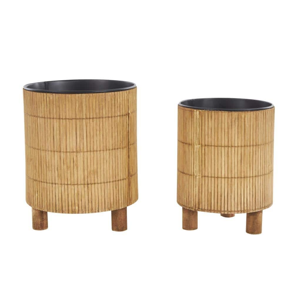 9 in. and 8 in. Small Brown Bamboo Wood Handmade Planter with Black Metal Interior (2- Pair) price history on PriceWatchPro