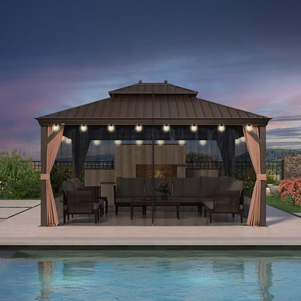 14 ft. x 16ft. Bronze Patio Outdoor Gazebo for Backyard Hardtop Aluminum Frame w/Hooks, Netting, Khaki Curtain,36-Lights