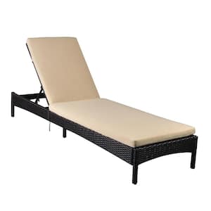 Adjustable Wicker Outdoor Chaise Lounge Patio Poolside Reclining Folding Backrest Lounge Chair with Khaki Cushions