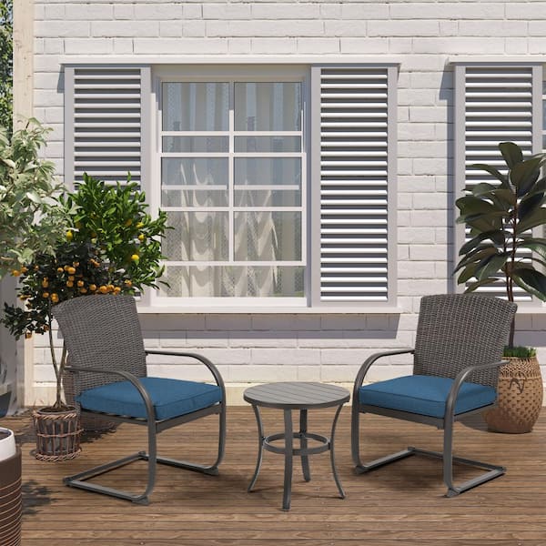 Unbranded 3-Piece Rattan Metal C-Spring Outdoor Dining Chair Set with Peacock Blue Cushion