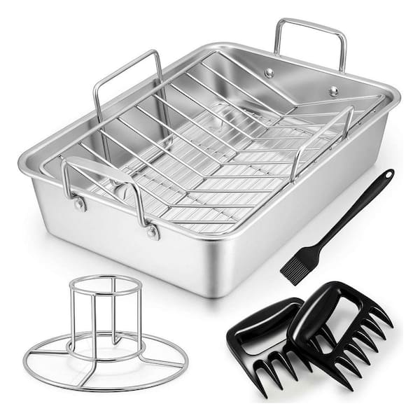 Silver Stainless Steel Roasting Pan Kitchen Bakeware with V Rack Cooling Rack Meat Claws Silicone Brush 7 pcs