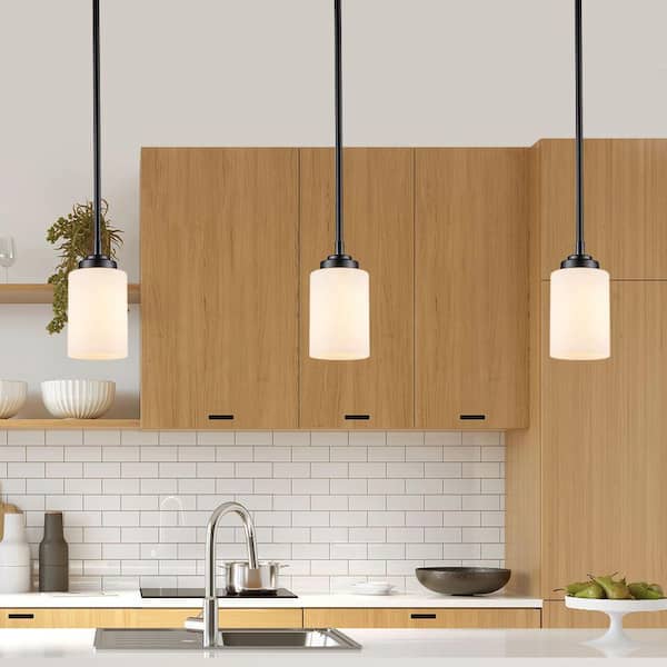 Bel Air Lighting Mod Pod 1 Light Black Hanging Mini Kitchen Pendant Light With Frosted Glass Cylinder Shade 705 Bk The Home Depot