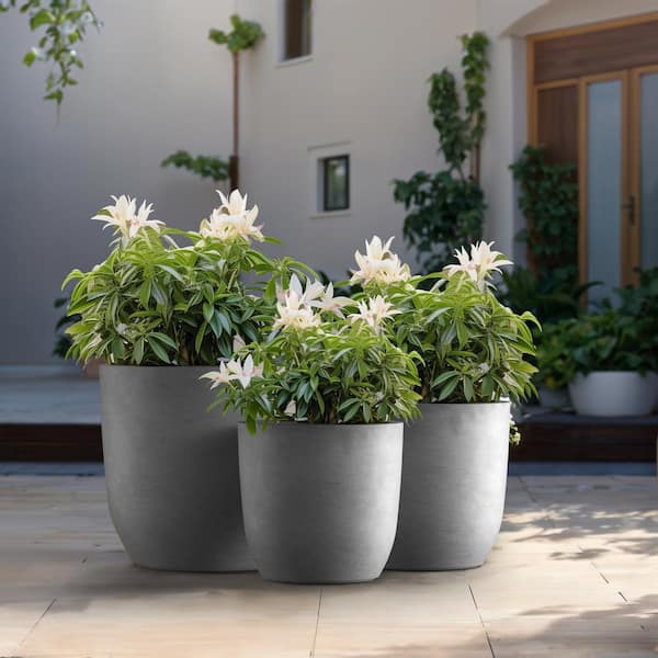 Sapcrete 13.5in., 17in., 20.5in. Dia Stone Finish Large Tall Round Concrete Plant Pot / Planter for Indoor & Outdoor Set of 3