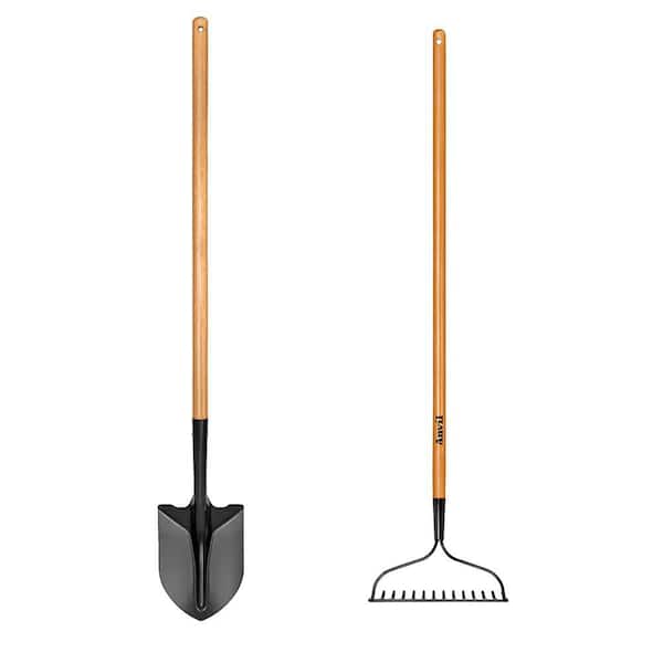 43.3 in. L Wood Handle Digging Carbon Steel Shovel and 47 in. L Wood Handle 14 Tines Garden Bow Rake