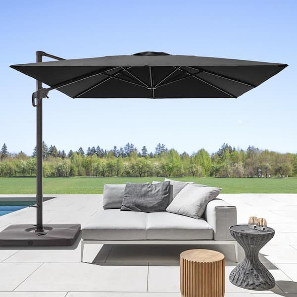 Sonkuki Black Premium 10 ft. x 10 ft. Cantilever Patio Umbrella with a Base and 360° Rotation and Infinite Canopy Angle