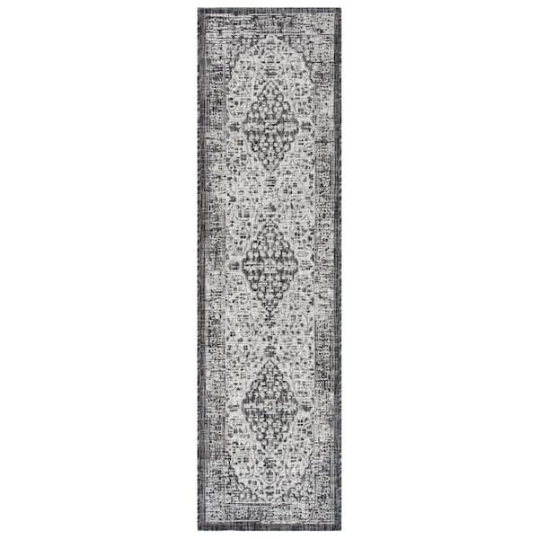 Courtyard Black/Gray 2 ft. x 8 ft. Medallion Border Indoor/Outdoor Runner Rug