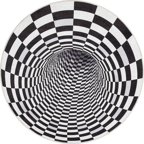 Well Woven Apollo Vortex Modern Optical Illusion Black Ivory 5 ft. 3 in. x 5 ft. 3 in. Round Area Rug