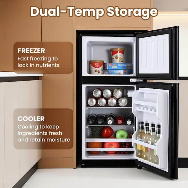 3.8 cu. ft. Mini Refrigerator Double Doors Fridges with Freezer in Black 7-Level Temp Adjustable, Removable Glass Shelf
