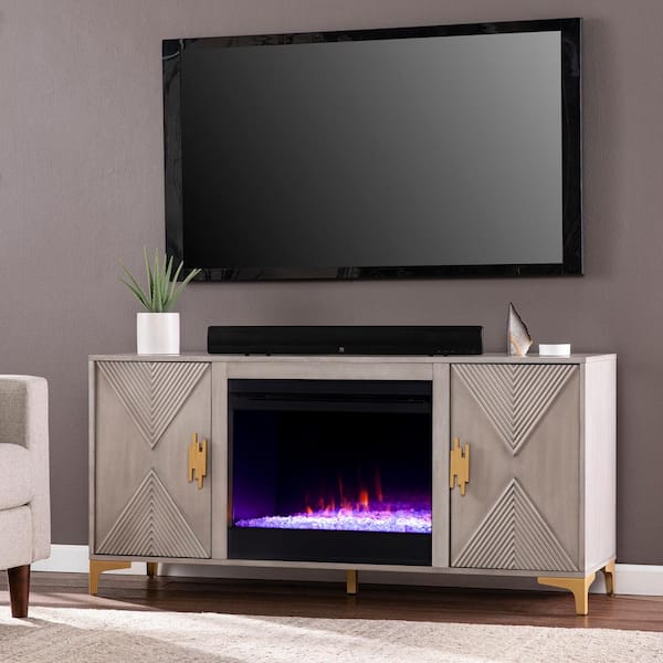 Southern Enterprises Breah 56 in. Color Changing Electric Fireplace in Graywashed and Gold