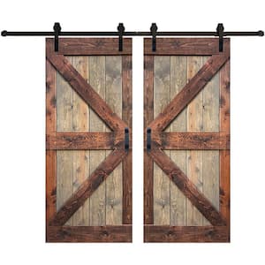 K Series 76 in. x 84 in. Brown/Walnut Finished Soild Wood Double Sliding Barn Door with Hardware Kit - Assembly Needed