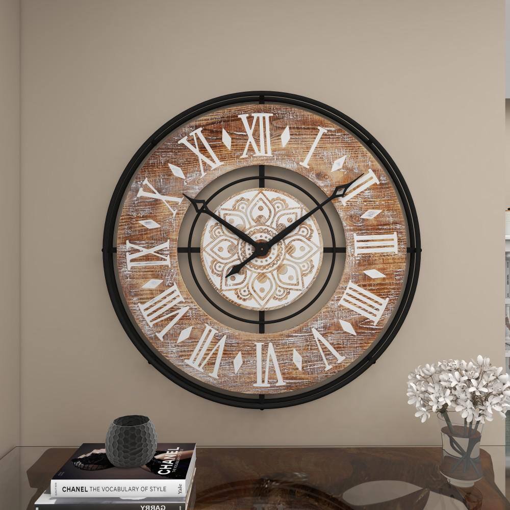 34" Brown Metal and Wood Industrial Wall Clock