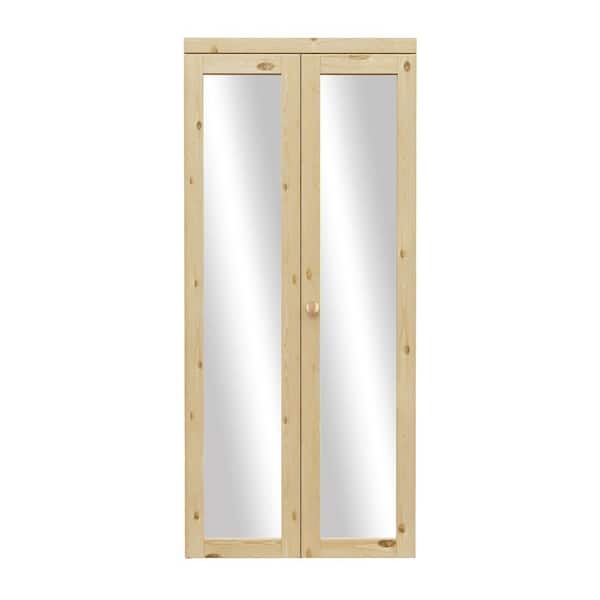 36 in. x 80 in. 1-Lite Solid Core Unfinished Pine Wood Mirrored Glass Interior Closet Bi-fold Door with Hardware