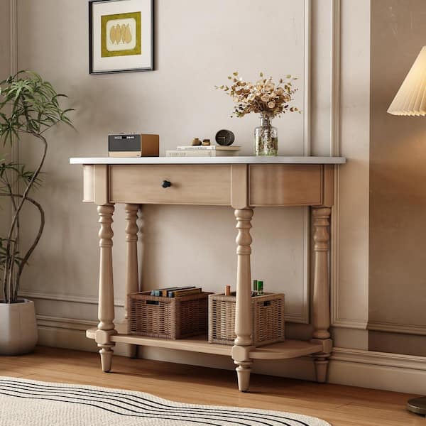 Harper & Bright Designs 36 in. White and Beige Curved Corners(Specialty) Wood Console Table with Carved Turned Legs, Open Shelves and Top Drawer
