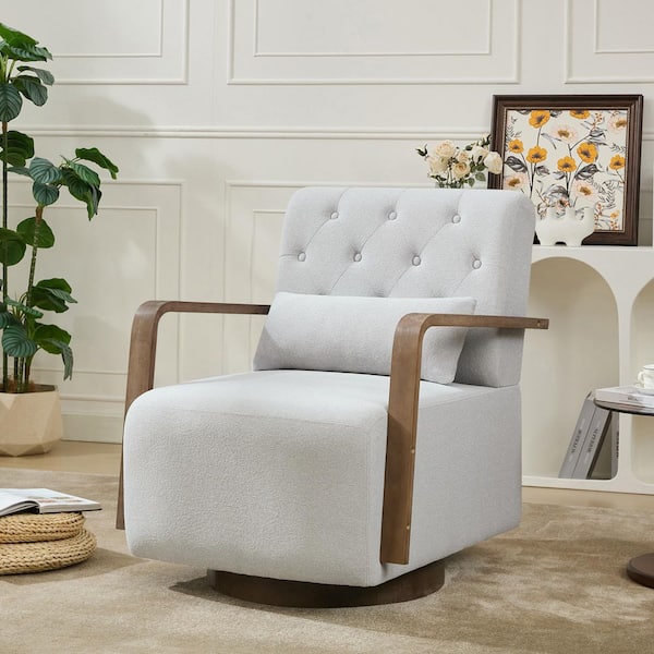 Light Gray Swivel Accent Chair with Solid Wood Arm Modern Fabric Armchair for Living Room or Bedroom