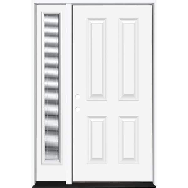 Steves & Sons 51 in. x 80 in. Element Series 4-Panel Primed White Right-Hand Steel Prehung Front Door with 12 in. Mini Blind Sidelite