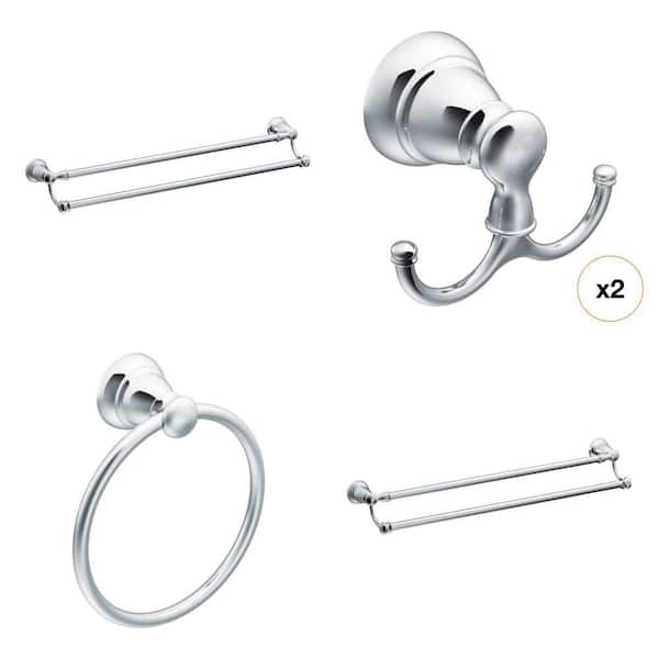 Banbury Chrome Bathroom Set: 24 in. Double Towel Bar, Towel Ring, Double Robe Hook