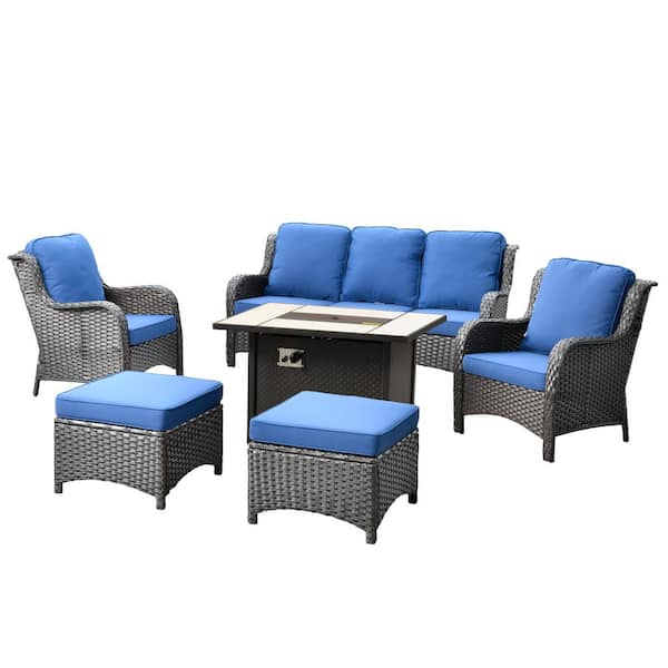 New Kenard Brown 6-Piece Wicker Patio Fire Pit Conversation Seating Set with Navy Blue Cushions