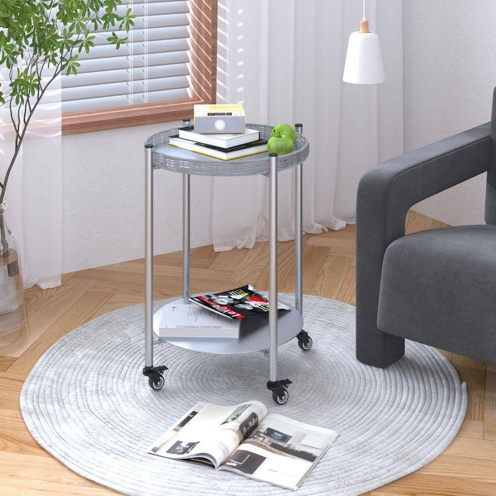 Silver 16 in. Round Metal Side Table with Wheels, 2-Tier Movable