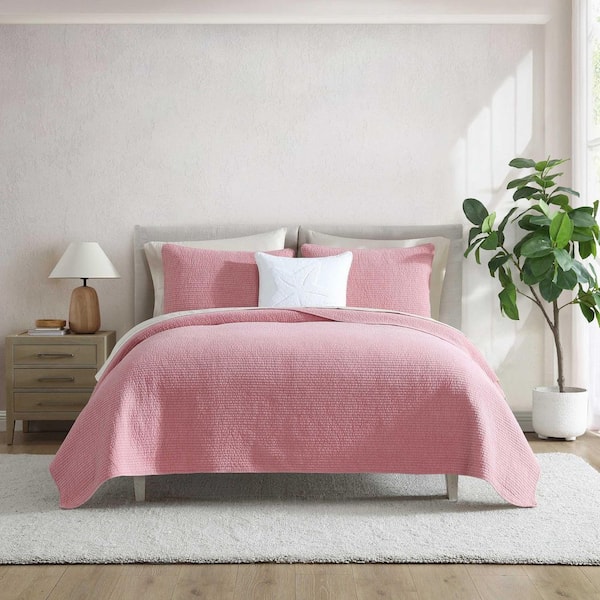 Seashore Stitch 2-Piece Coral Cape Pink Cotton Twin Quilt Set