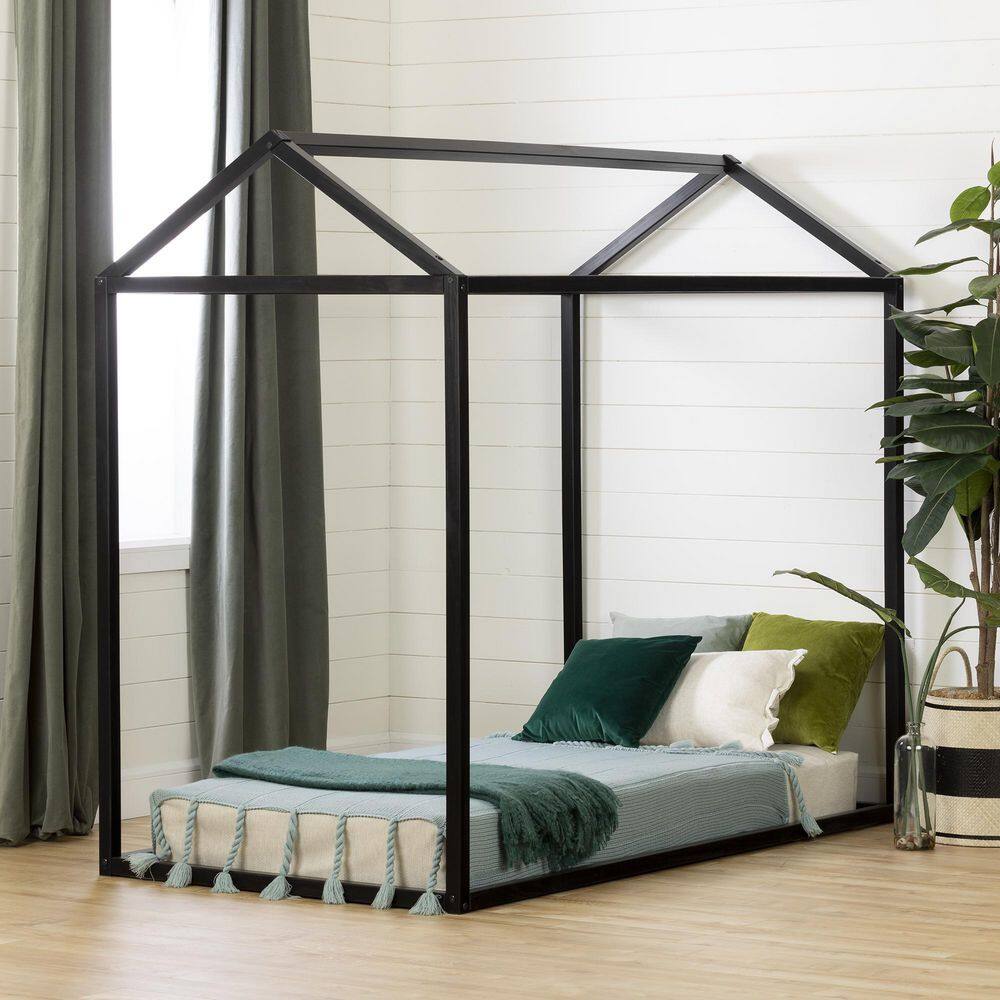 Matte Black Twin Wood Frame House Bed