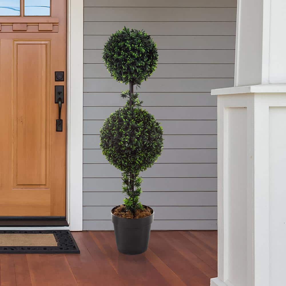 36-Inch Double Ball Podocarpus Faux Plant in Gray Plastic Pot