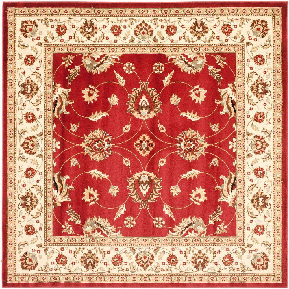 Red and Ivory Synthetic Safavid Style Area Rug, 6'7" Square