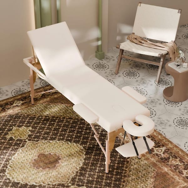 84.2 in. White Massage Table with Adjustable Backrest, Foldable Design, Face Cradle and Arm Shelf
