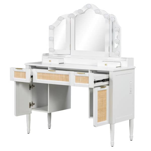 White 5 Drawers 44.37 in. Dresser with Tri-Fold Mirror, 2 Cabinets, LED and Charging Station