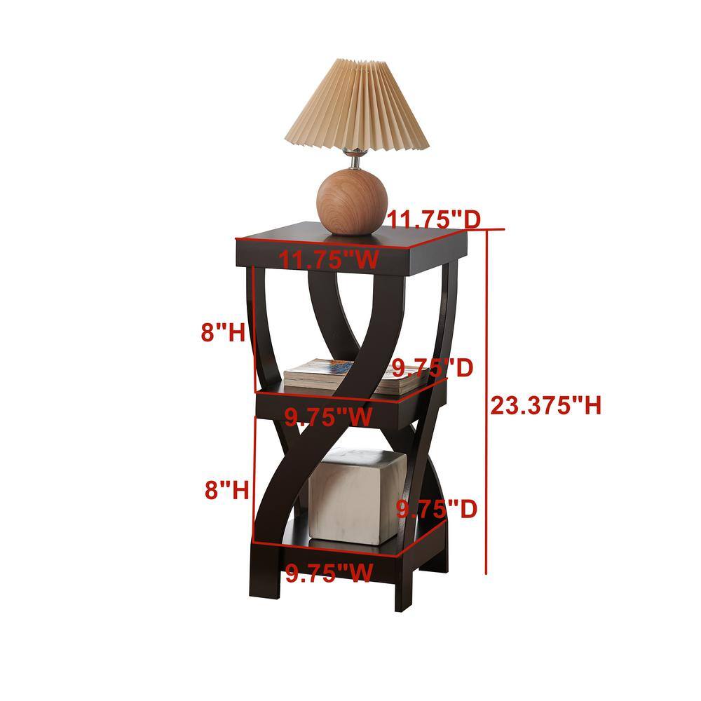 Espresso Finish Wood Square End Table with Curved Legs and Shelves