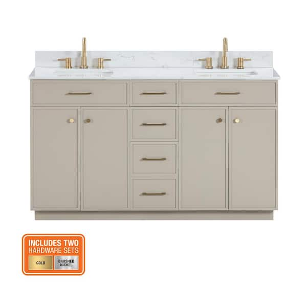 Marcote 60 in. Double Sink Greige Bath Vanity with White Volakas Engineered Marble Top (Assembled)