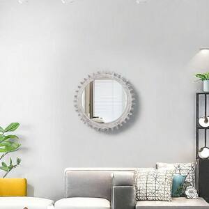 42 in. L x 42 in. W Gear-Shaped Vintage Solid Wood Framed Wall-Mount Bathroom Vanity Mirror in White Washed