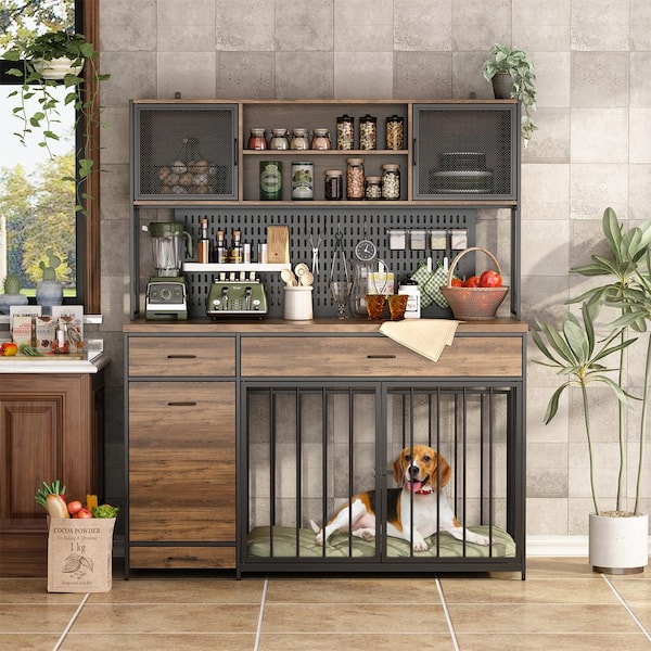 Large Dog Crate Furniture Kitchen Pantry with Storage, Wooden Dog