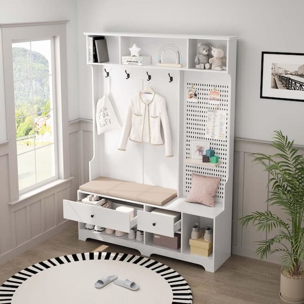 Unbranded 57.48 in. W x 14.96 in. D x 77. 17in. H White Wood Hall Tree with Shoe Bench, Coat Rack, Storage Shelves and Pegboard