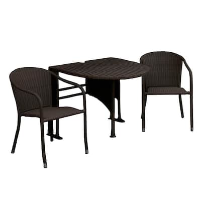 GENEVIEVE / 3-Piece All Weather-Wicker Table and Chair Set with Half-Oval Table-Stacking Chairs / Java