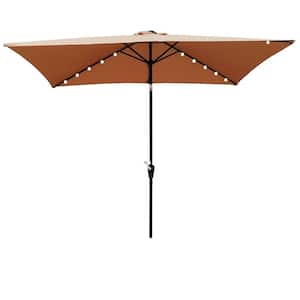 10x6.5ft. Brown Steel Solar LED Lighted Market Umbrella with Crank&Push Button Tilt for Garden Backyard Swimming Pool