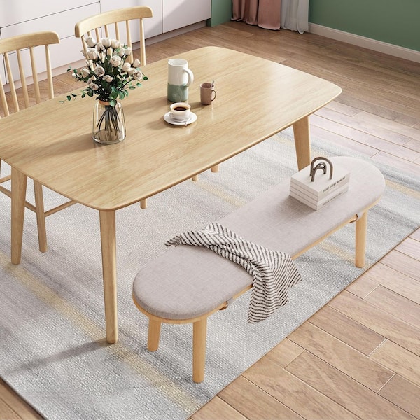 63 in. Beige Rubber Wood Dining Bench, Entryway Bench with Removable Cushion